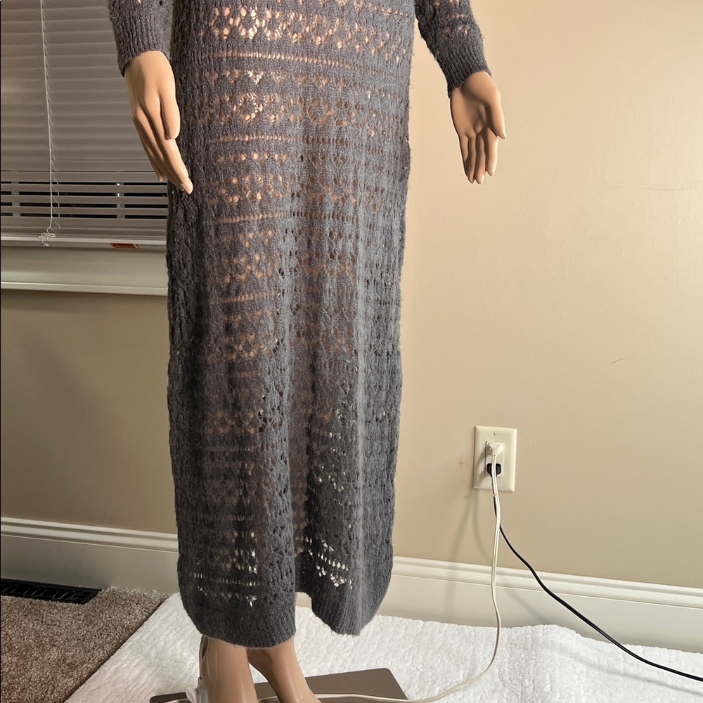 Altamira Milano gray long sleeves crochet knitted maxi sweater dress cover-up S - Picture 3 of 12